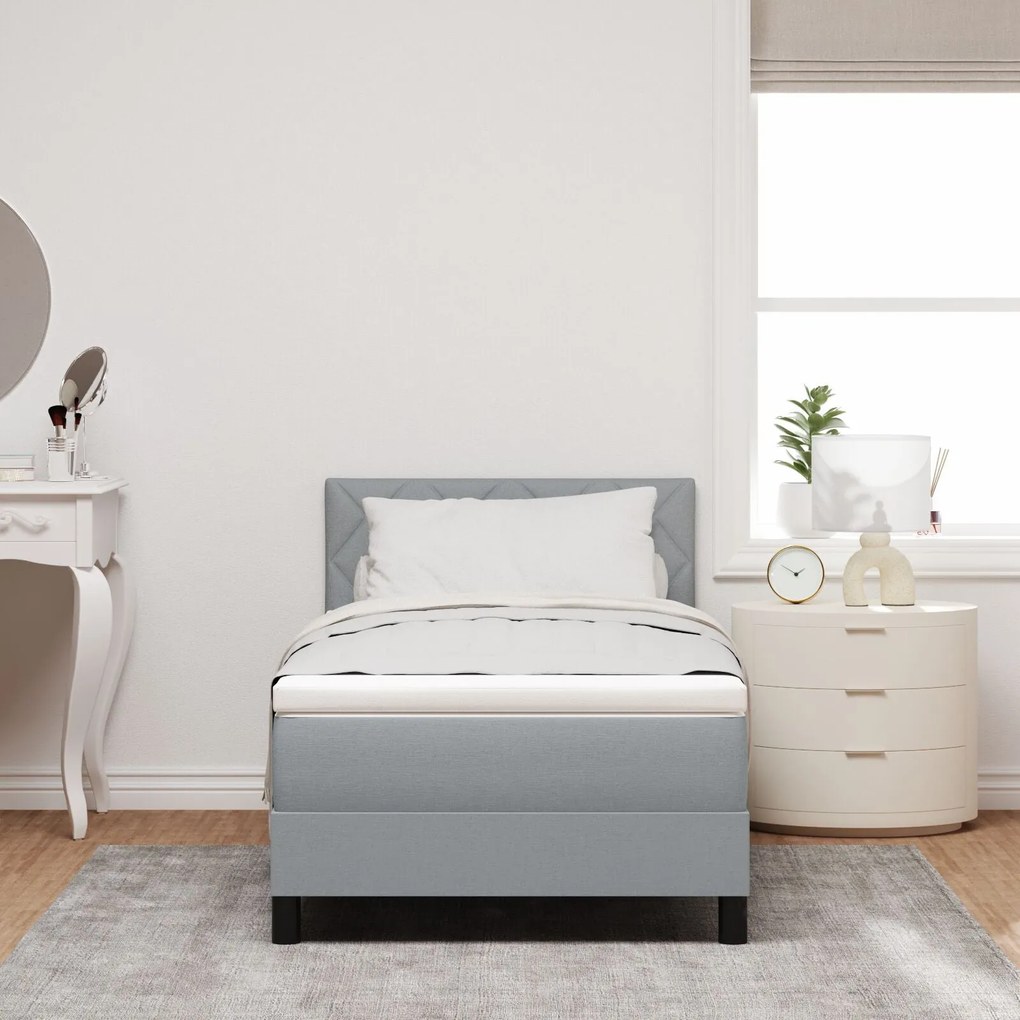 Cama Box Spring com Colchão &amp; LED Cinza Claro 90x200 cm Tecido