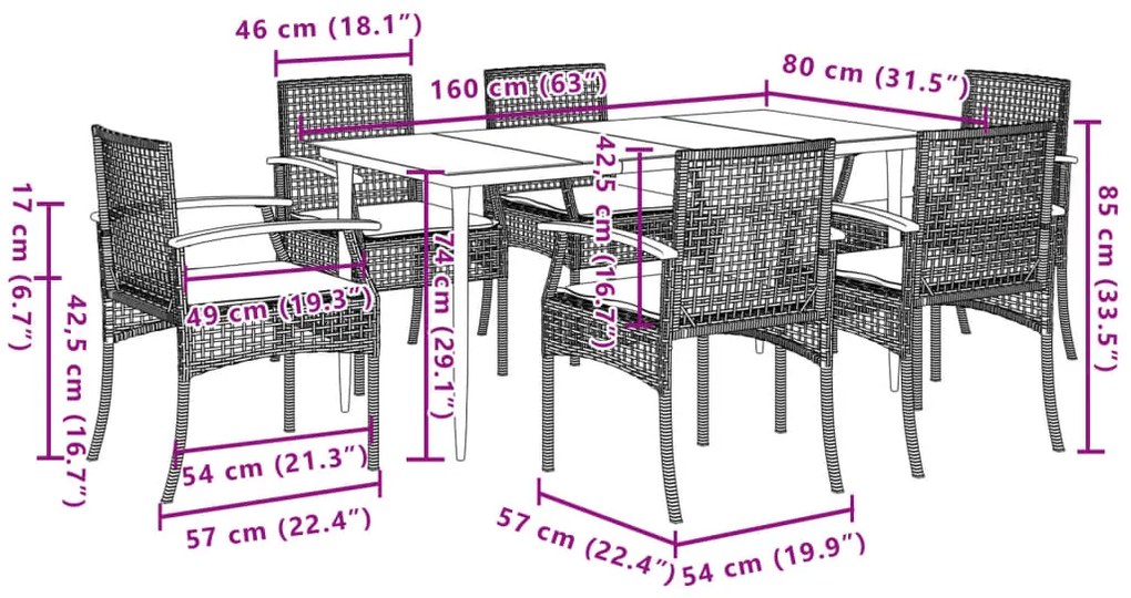 7 pcs conjunto de jantar p/ jardim c/ almofadões vime PE cinza