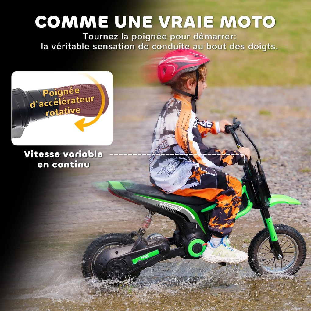 Mota elétrica de motocross para crianças, com motor de 350 W, bateria de 12 V, velocidade de 8-16 km/h, pneus insufláveis de 12'' e cor verde