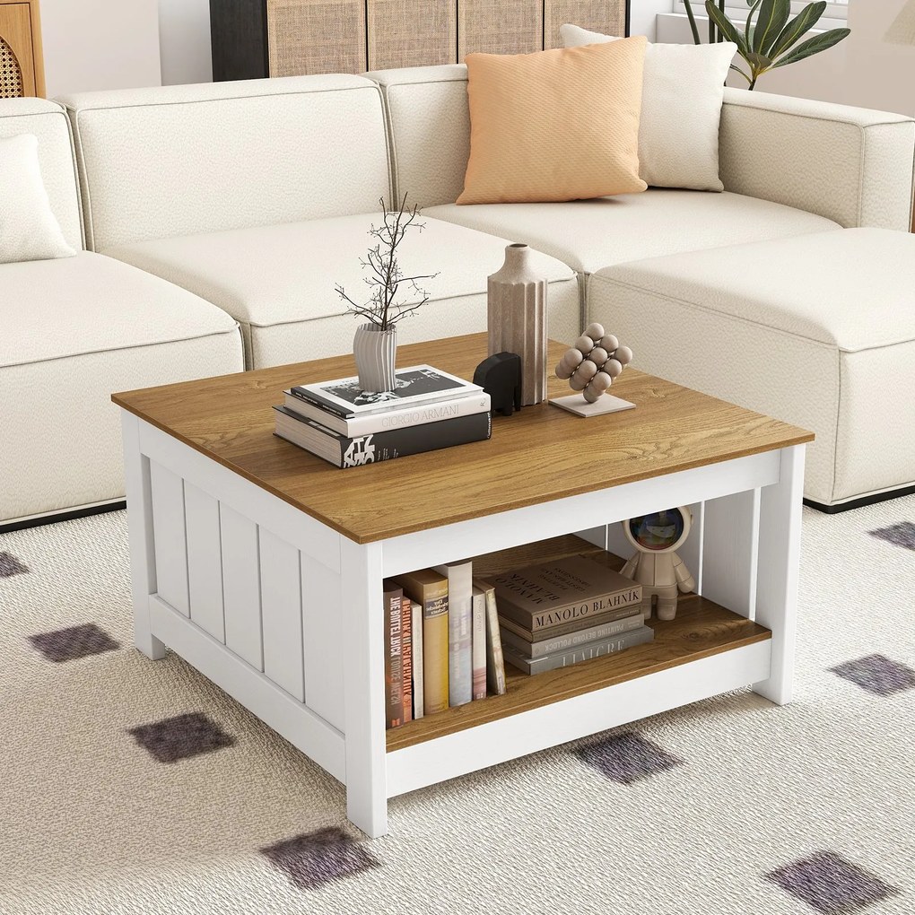 Mesa de centro de madeira 80 x 80 x 45 cm com 2 níveis, mesa quadrada para sala de estar em estilo rústico com espaço de arrumação. Natural e branco
