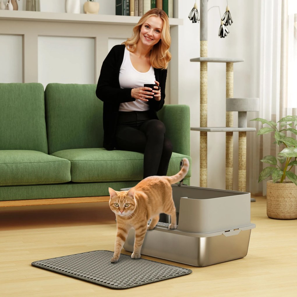 Caixa de areia XL em aço inoxidável, casa de higiene para gatos de grande porte, fácil de limpar, 60,2 x 40,2 x 29,5 cm, cinzenta