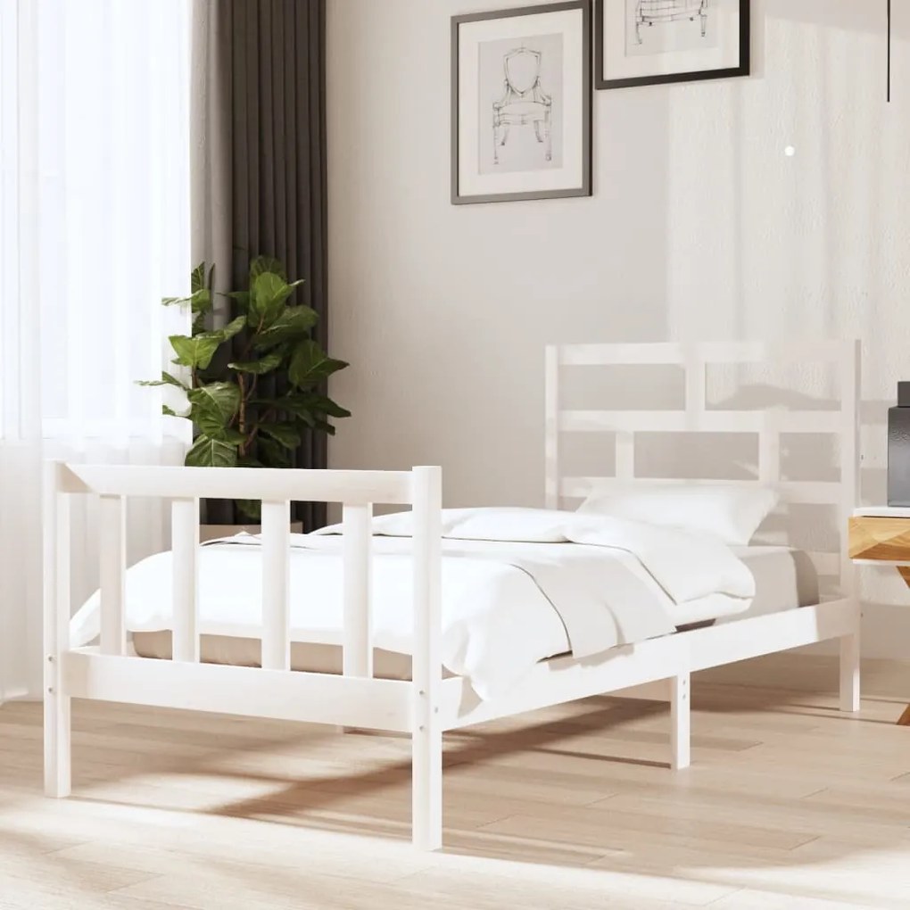 3101314 vidaXL Estrutura de cama solteiro 90x190 cm pinho maciço branco