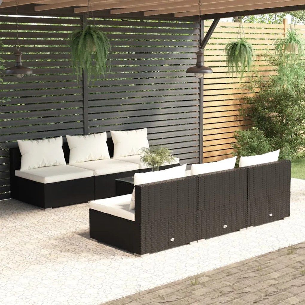 vidaXL 7 pcs conjunto lounge de jardim c/ almofadões vime PE preto
