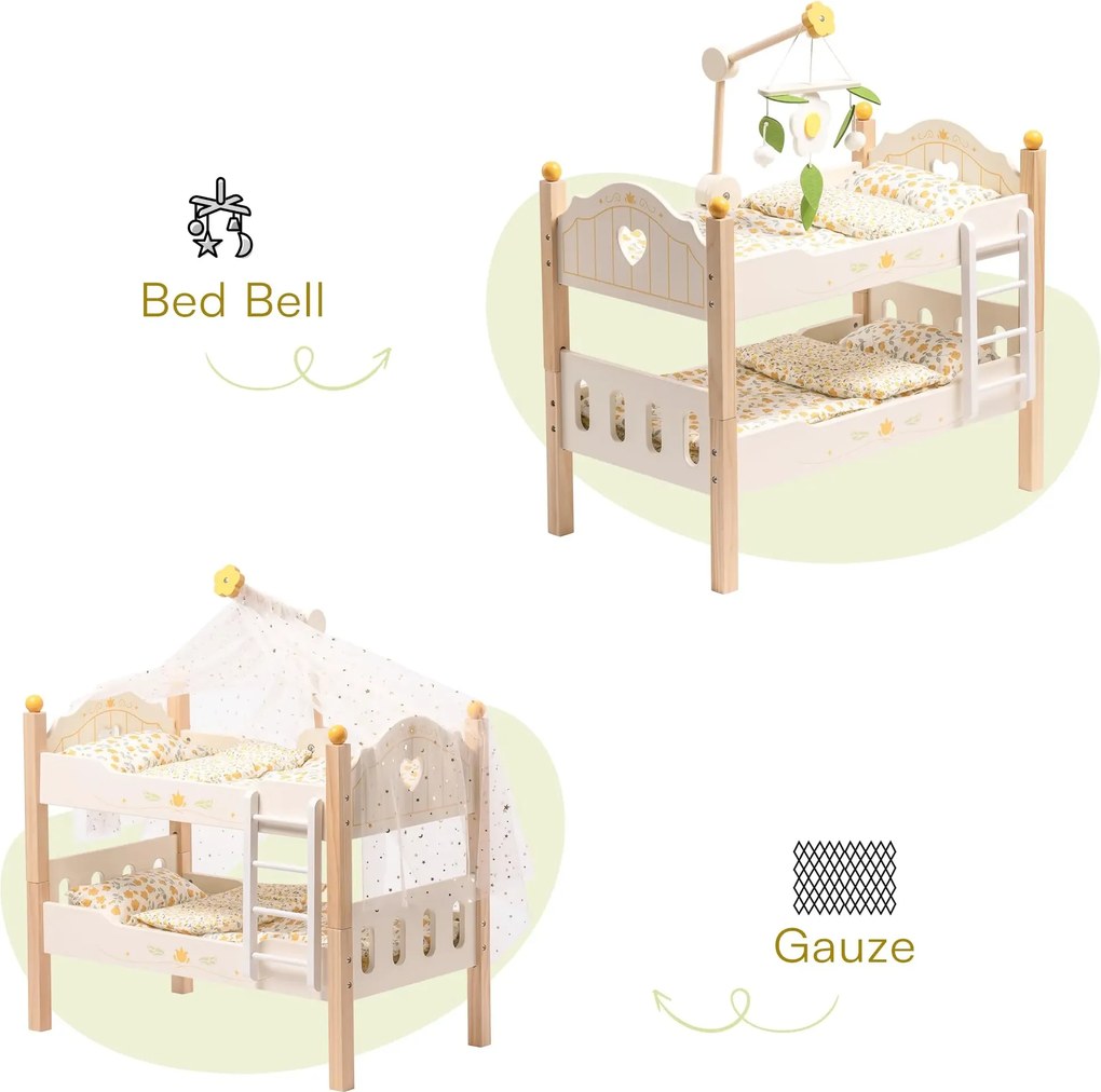 Cama de madeira de brincar 2 em 1 para bonecas (NÃO INCLUIDA) 55 x 30 x 46 cm Natural