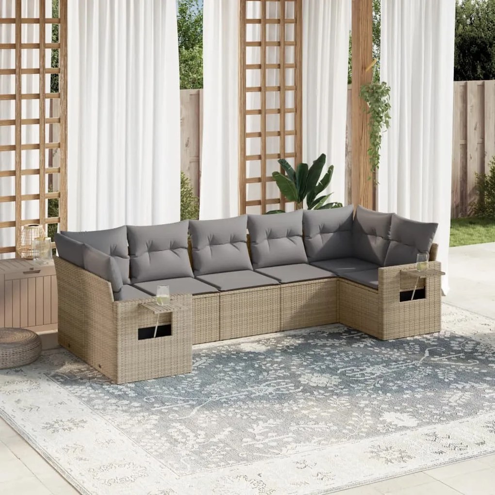 7 pcs conjunto de sofás p/ jardim com almofadões vime PE bege