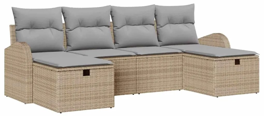 Conjunto de Sofá de Jardim de 6 Peças com Almofadas Bege Ratan Poliést