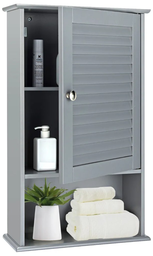 Armário de parede para casa de banho com porta e 3 estantes em MDF para arrumação de toalhas 42 x 17 x 70 cm Cinzento