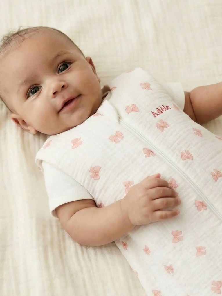 Saco de dormir de verão com abertura central personalizável em musselina de algodão Laços, para bebé branco estampado