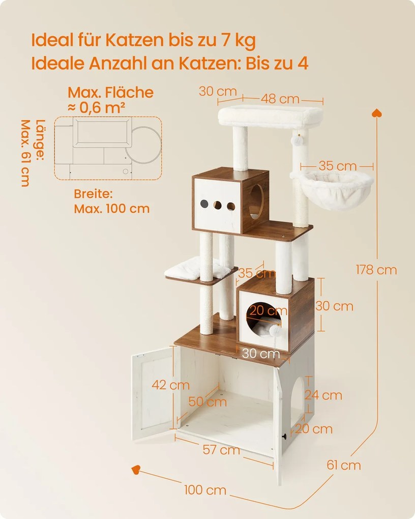 Arranhador para gatos com armário para caixa de areia, 100 x 61 x 178 cm, castanho-mel e branco vintage