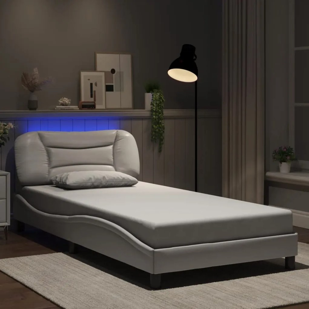 Estrutura cama c/ luzes LED 100x200 cm couro artificial branco