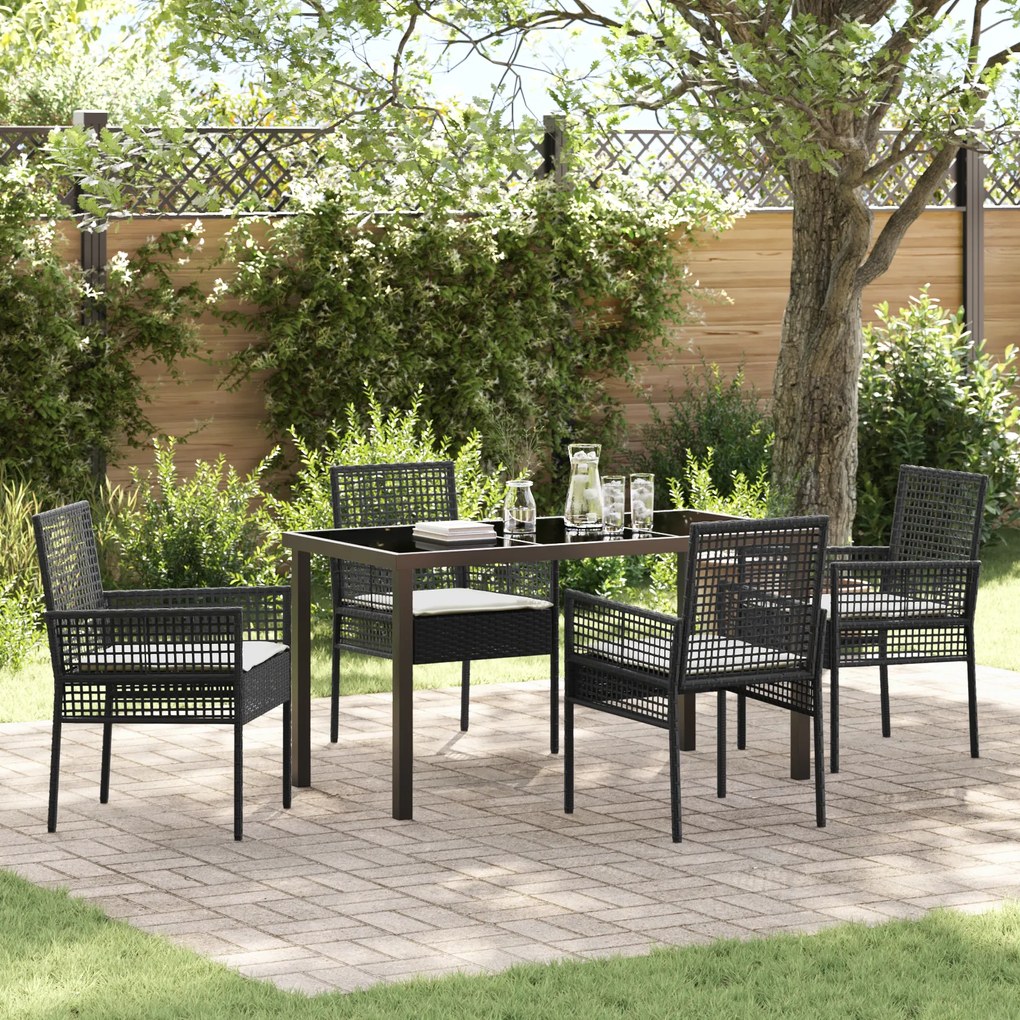 vidaXL Conjunto de Jantar de 5 Peças para Jardim com Almofadas Rattan Preto