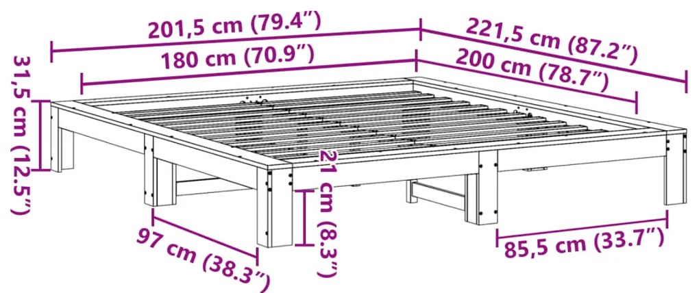Cama sem colchão 180x200 cm pinho maciço castanho-mel