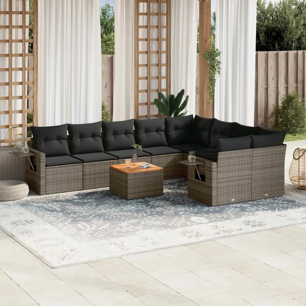 10 pcs conjunto sofás de jardim c/ almofadões vime PE cinzento