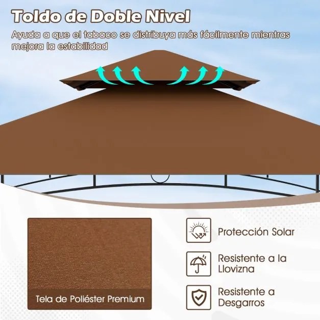 Tenda jardim para churrasqueira (NÃO INCLUIDA) de dois andares com 2 prateleiras e 7 ganchos, estrutura metálica e toldo flexível para jardim ou terra
