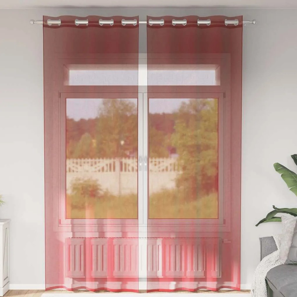 Cortinas de voile com ilhós 2 pcs vermelho tinto