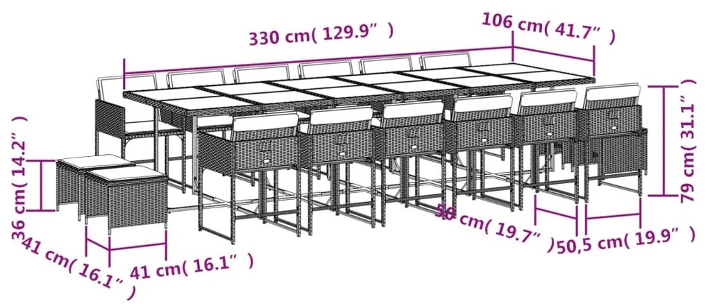 17 pcs conjunto de jantar p/ jardim c/ almofadões vime PE preto