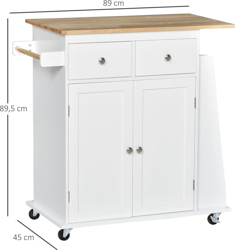 Carrinho de cozinha com ilha, bancada, prateleira para garrafas, suporte para panos de cozinha, 2 gavetas e armário de 2 portas em MDF branco