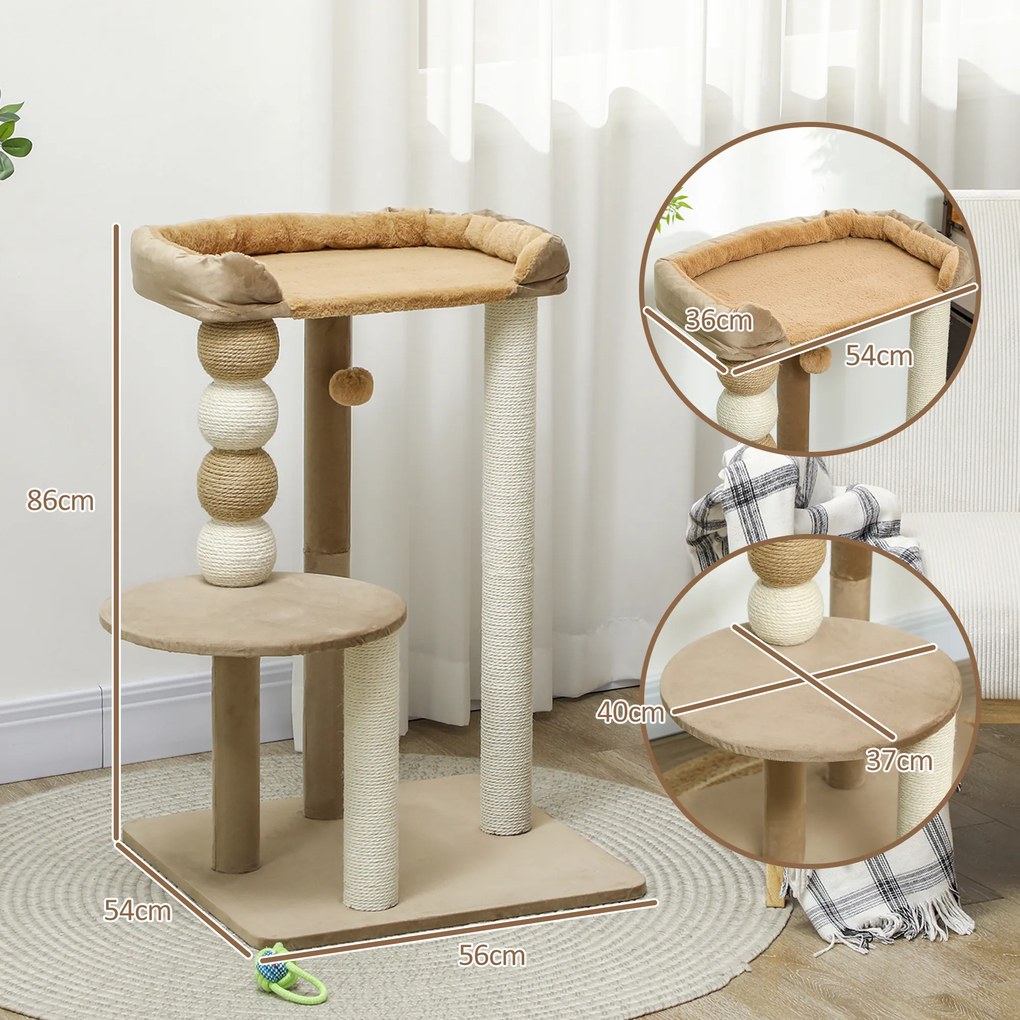 Arranhador para Gatos Arranhador para Gatos com Estofado em Borrego Plataformas Bola Suspensa e Poste de Juta 56x54x86 cm Castanho