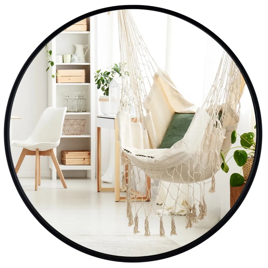 Espelho de casa de banho redondo de 61 cm montado na parede com moldura de metal mate escovado resistente à ferrugem para uma decoração minimalista