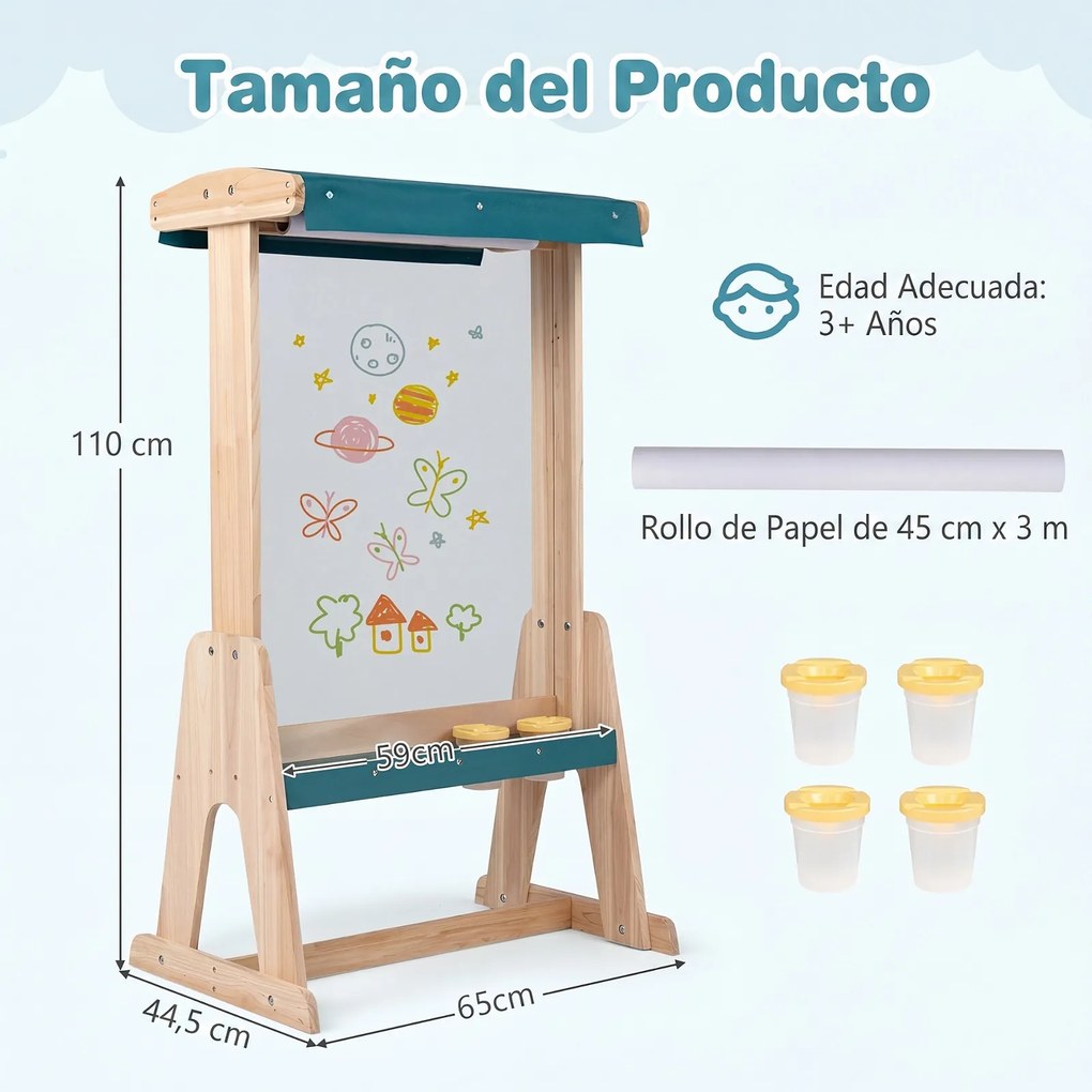 Cavalete Infantil para Desenho, 65 x 44,5 x 110 cm, Tabuleiro Transparente Dupla Face, Natural