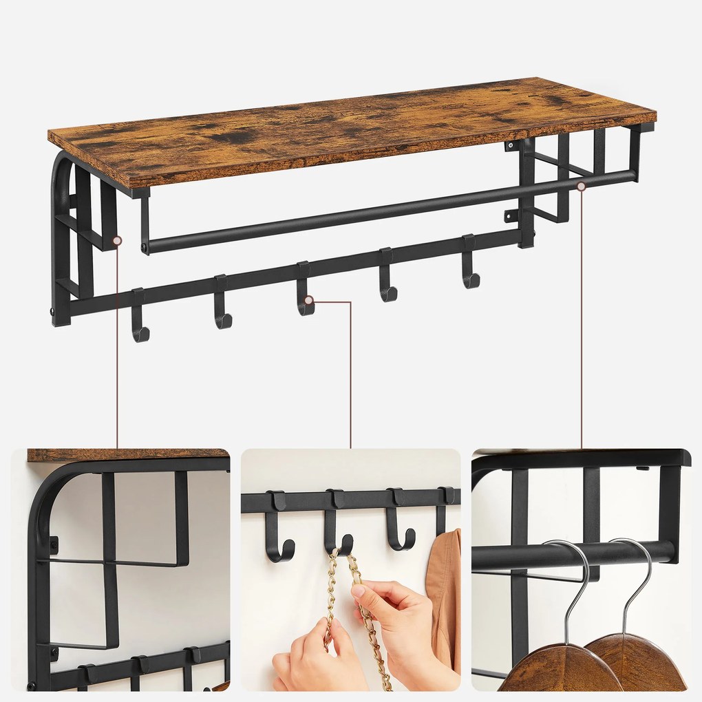 Bengaleiro de parede com 5 ganchos amovíveis 80 x 30 x 27 cm Castanho Vintage Preto