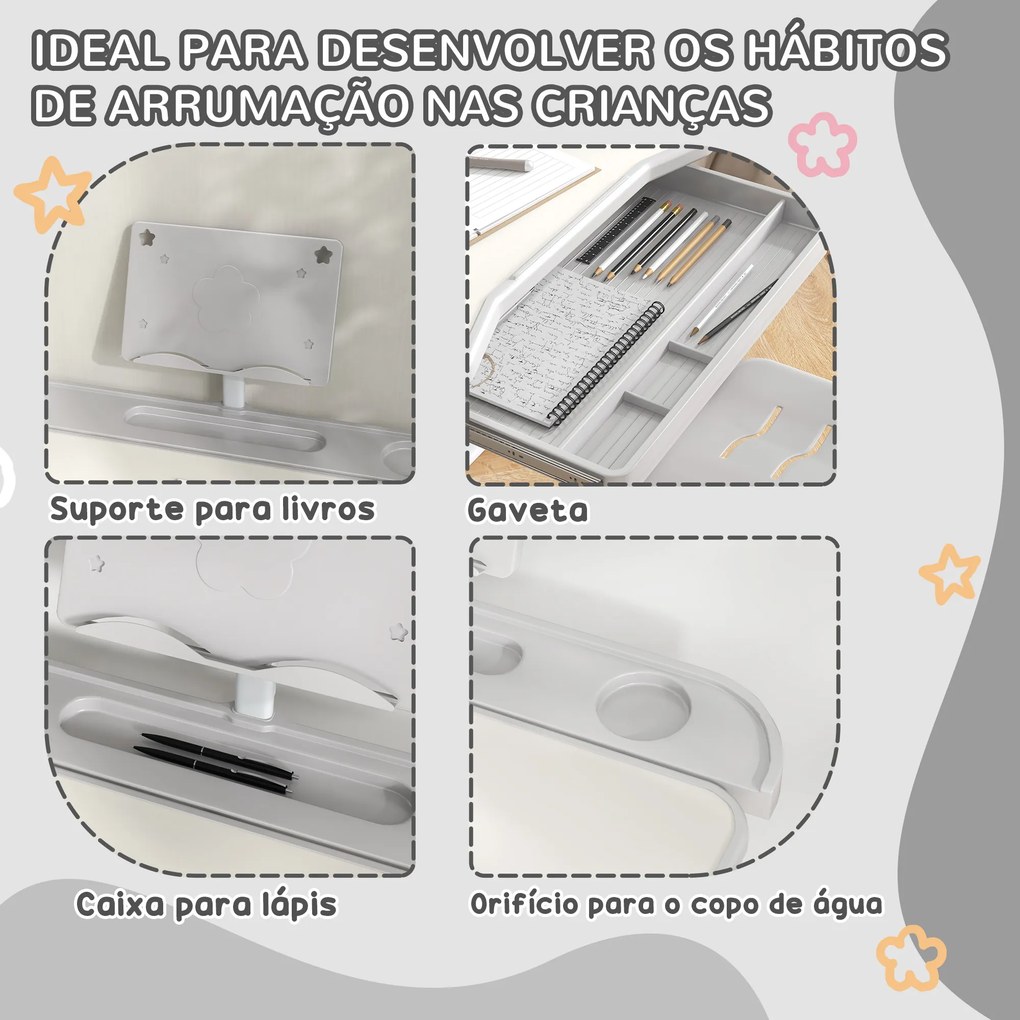 Conjunto de Secretária e Cadeira para Crianças com Altura Ajustável e Ângulo da Mesa Ajustável 80x50x82-104cm Cinza e Branco