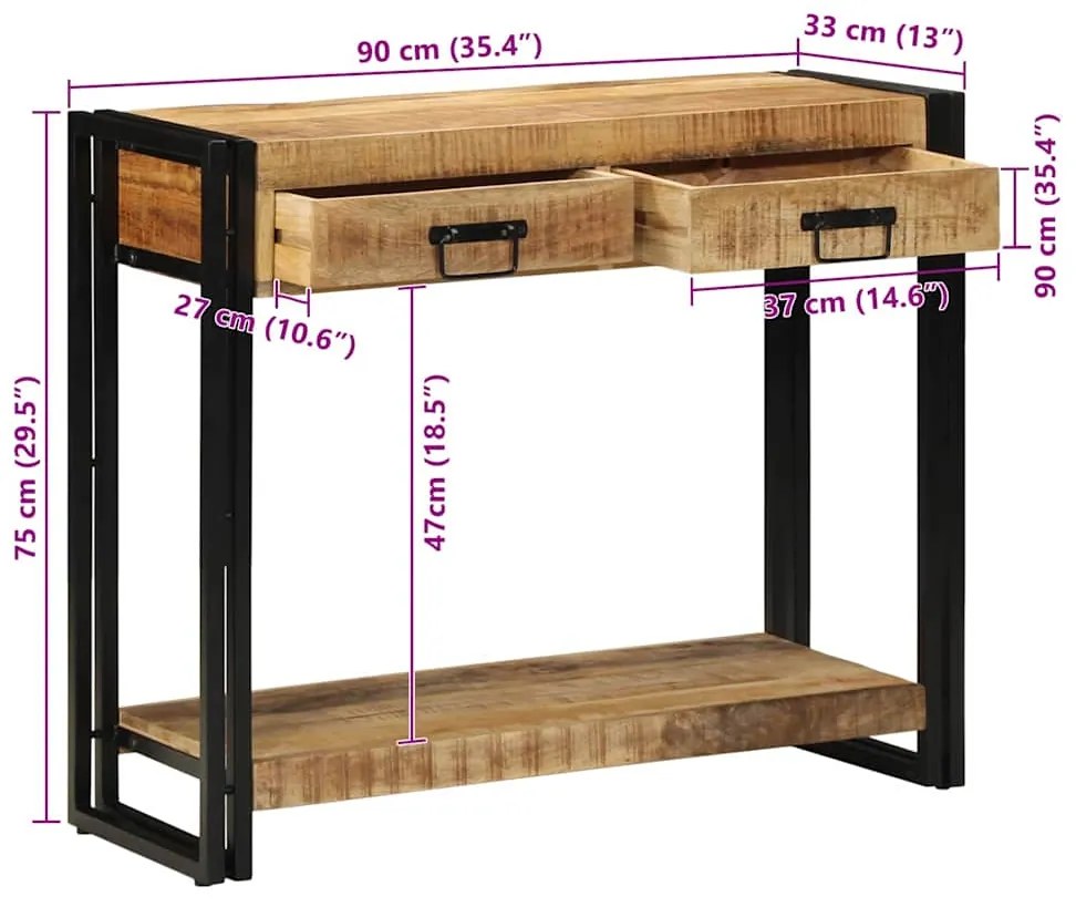 Mesa Console vidaXL 90x33x75 cm Madeira de Mangueira Sólida e Rústica