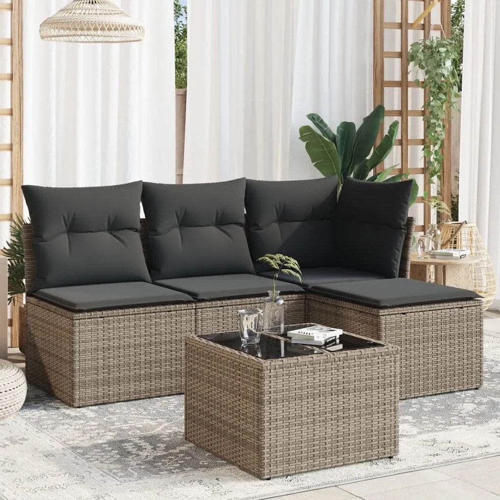 5 pcs conjunto sofás de jardim c/ almofadões vime PE cinzento