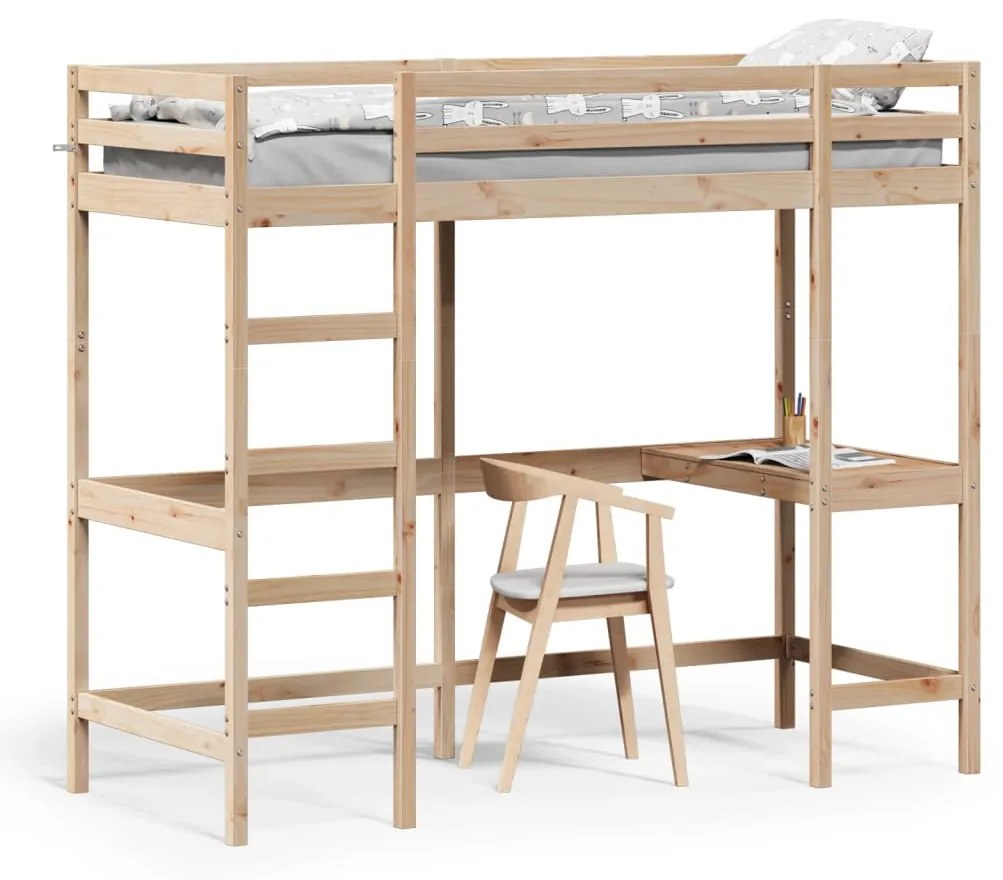 vidaXL Cama alta com secretária 75x190 cm madeira de pinho maciça