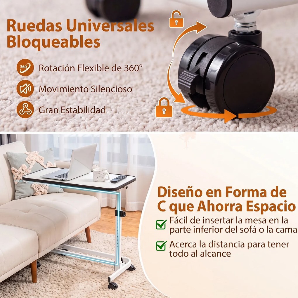 Mesa Auxiliar em Forma de C para Sofá e Cama, 80,5 x 40,5 x 73-94 cm, Altura Ajustável em 9 Níveis, Branco