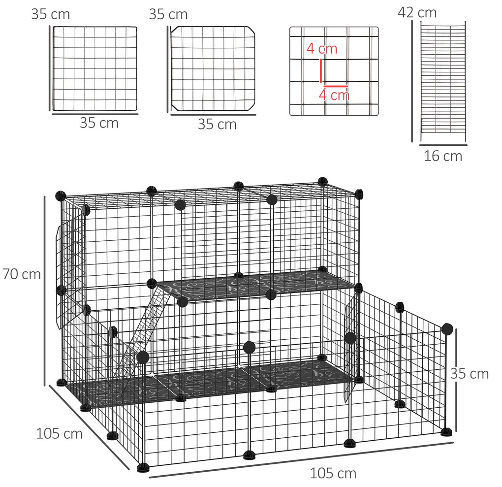 Cerca para Pequenos Animais DIY com 24 Painéis Parque para Animais de Estimação com Grade Metálica Gaiola Modular para Coelhos Chinchilas 105x105x70cm