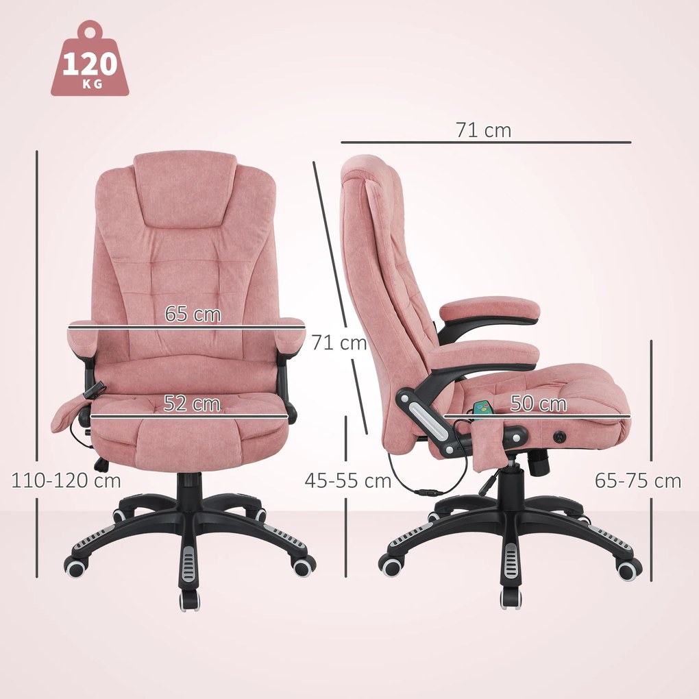 Cadeira de Escritório com 6 Pontos de Massagem Reclinável até 130° com Função de Aquecimento 65x71x110-120 cm Rosa