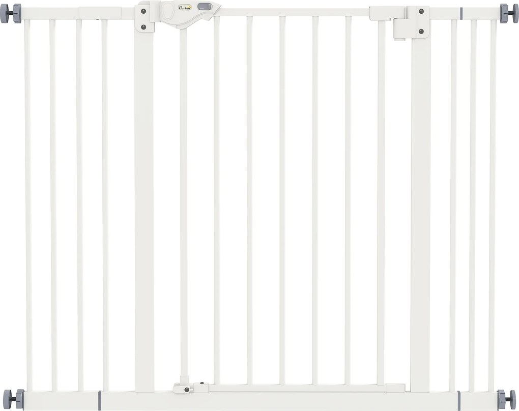 Barreira de Segurança para Cães 74-100 cm com Extensões, Montagem por Pressão e Duplo Bloqueio, Branco