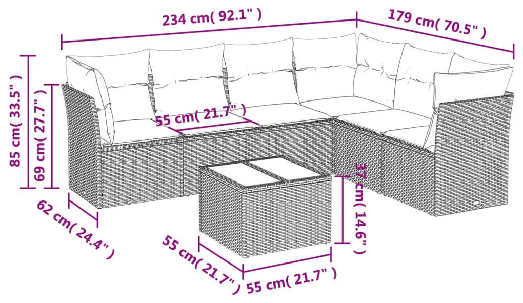 7 pcs conjunto sofás p/ jardim c/ almofadões vime PE cinzento