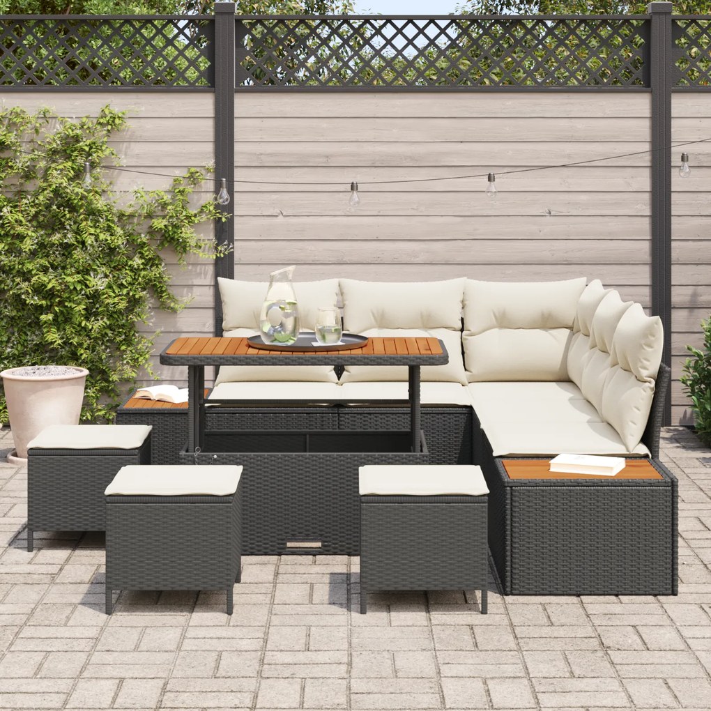 Conjunto de Sofás de Jardim com 9 Peças e Almofadas Preto Rattan Sinté