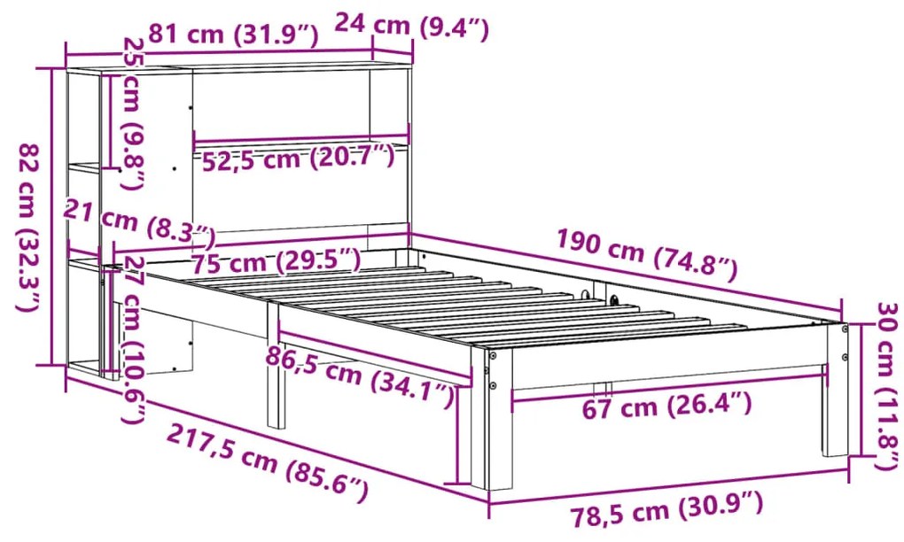 Cama com estante sem colchão 75x190cm pinho maciço castanho-mel