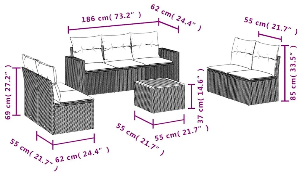 8 pcs conjunto sofás de jardim com almofadões vime PE preto