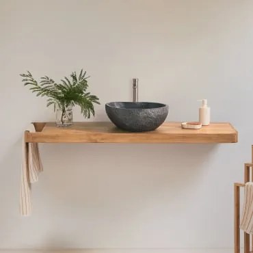 Conjunto De Móvel De Casa De Banho 130x45 Cm Suspenso Em Madeira De Teca Neill Madeira De Teca & Irregular Em Cimento Preto - Sklum