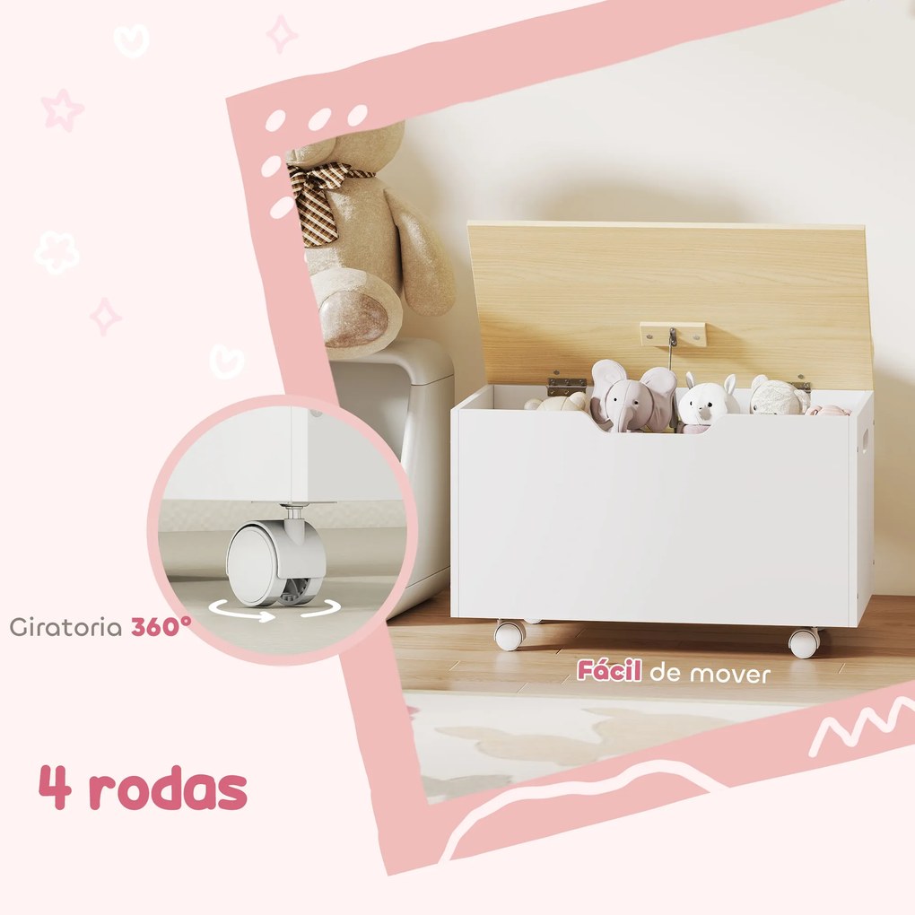 Baú de Brinquedos com Rodas com Tampa Abatível e Dobradiça de Segurança Desenho de Nuvem 59x30x53 cm Branco e Madeira