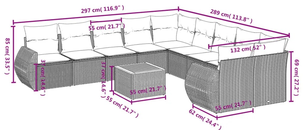 11 pcs conjunto sofás de jardim c/ almofadões vime PE bege