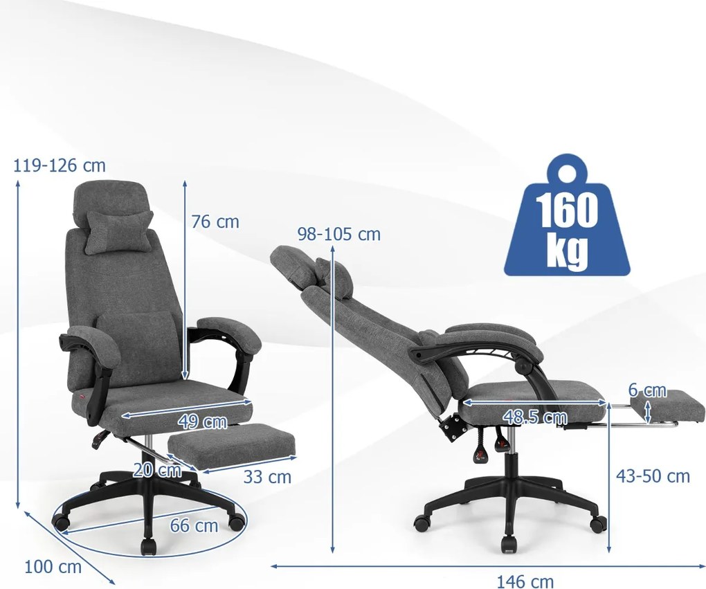 Cadeira de escritório reclinável em chenille com apoios de braços acolchoados, apoio para os pés retrátil e almofadas lombares e cervicais, cor cinza