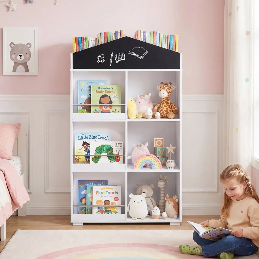 Estante infantil em forma de casa 64 x 30 x 116,5 cm, estante para crianças com compartimentos, quadro de giz e kit anti-tombamento, armário organizad