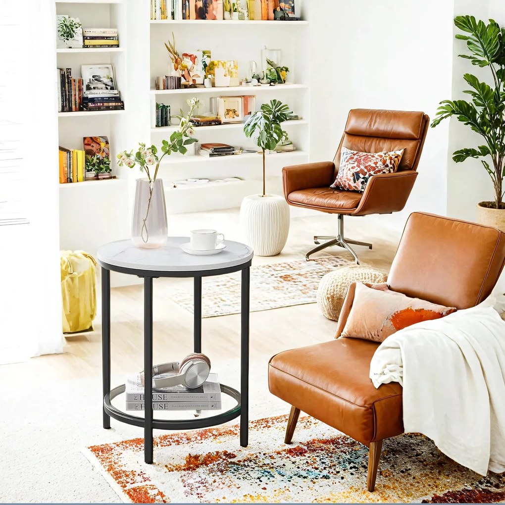 Mesa auxiliar de 2 níveis 45 x 55 cm (Ø x A) em efeito mármore branco com estrutura preta