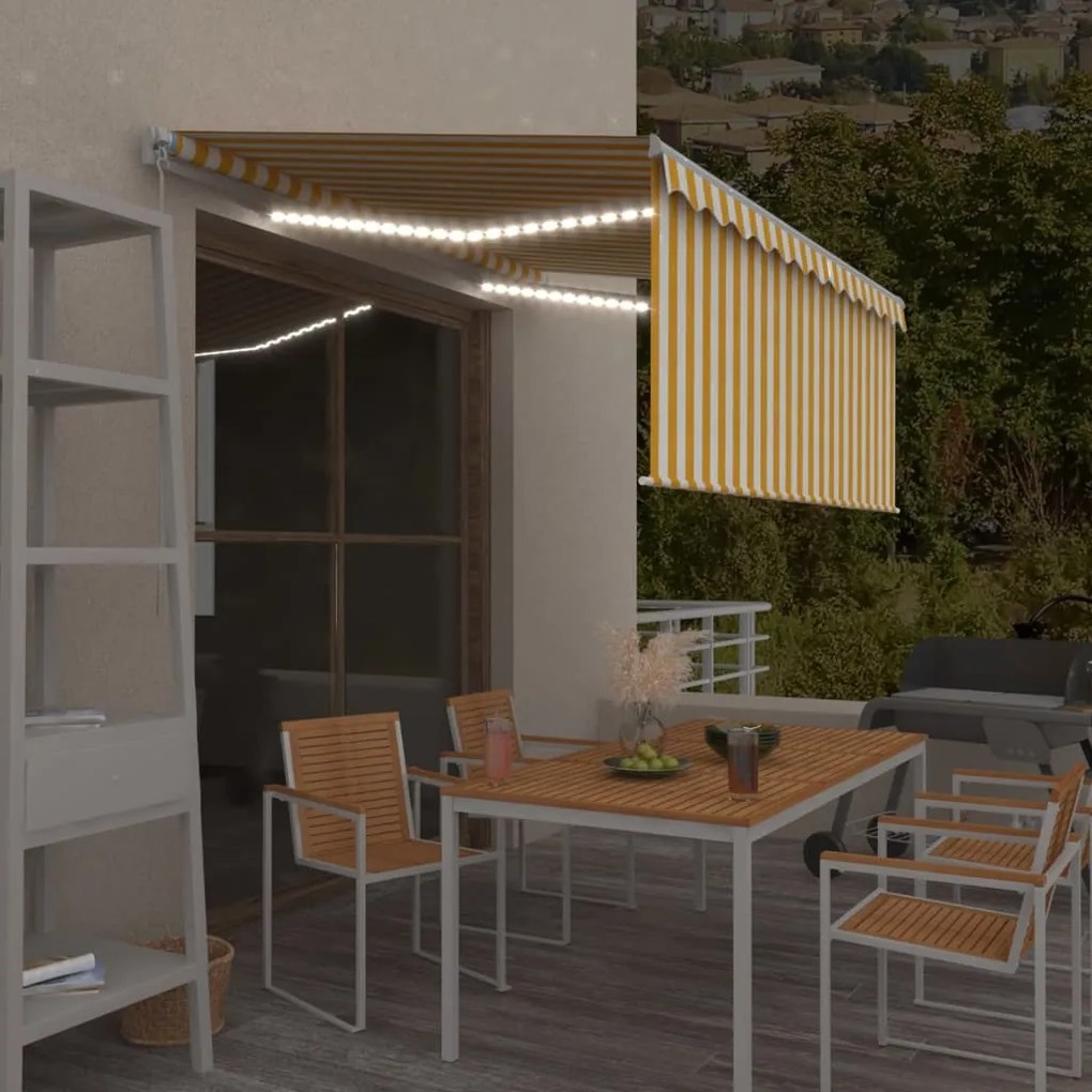 Toldo retrátil manual com estore/LED 3,5x2,5 m amarelo e branco