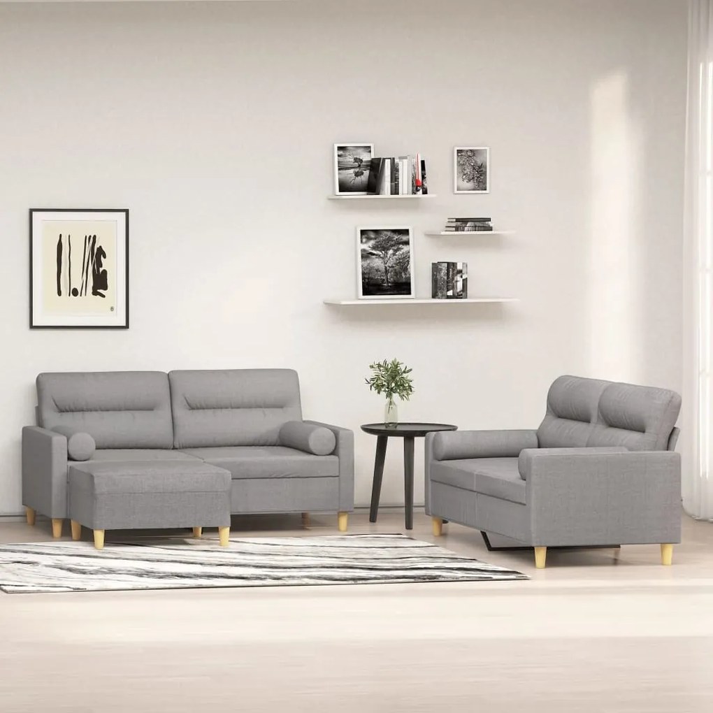 vidaXL 3 pcs conjunto de sofás c/ almofadões tecido cinza-claro
