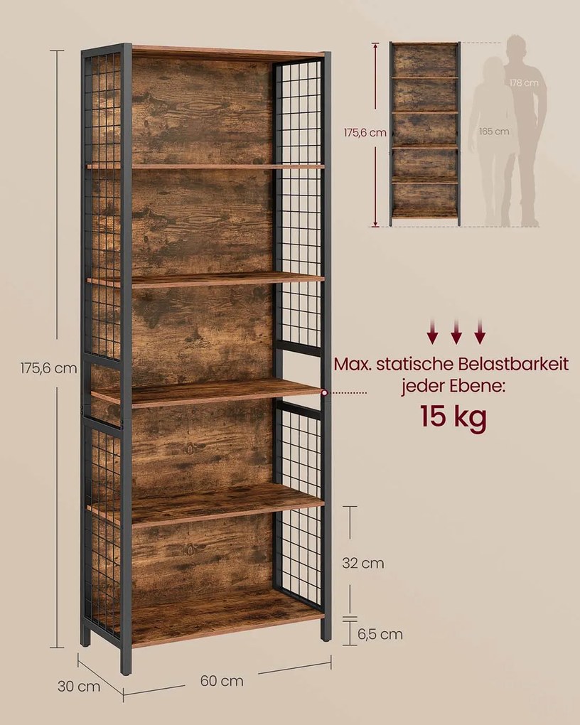 Estante com 5 prateleiras e ganchos em S 30 x 60 x 175,6 cm Castanho vintage + Preto