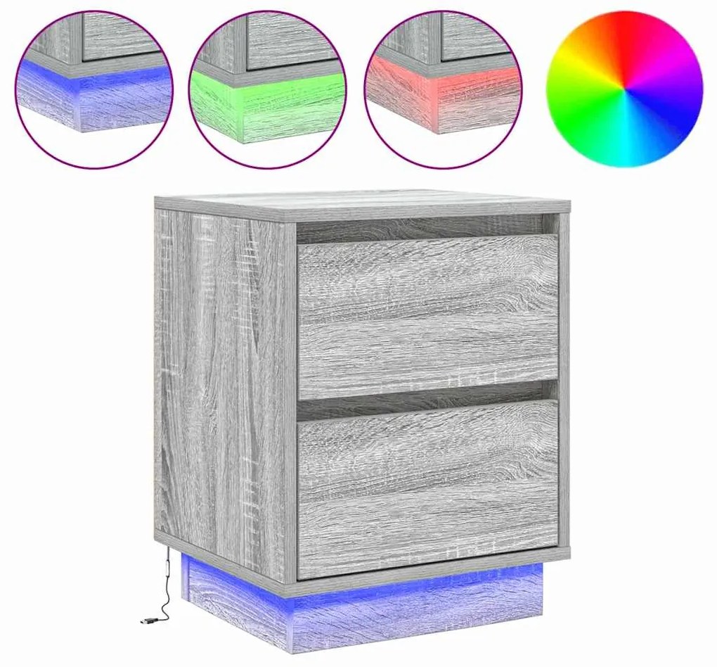 Criado-Mudo com Luzes LED Cinza Sonoma 39x34,5x50 cm