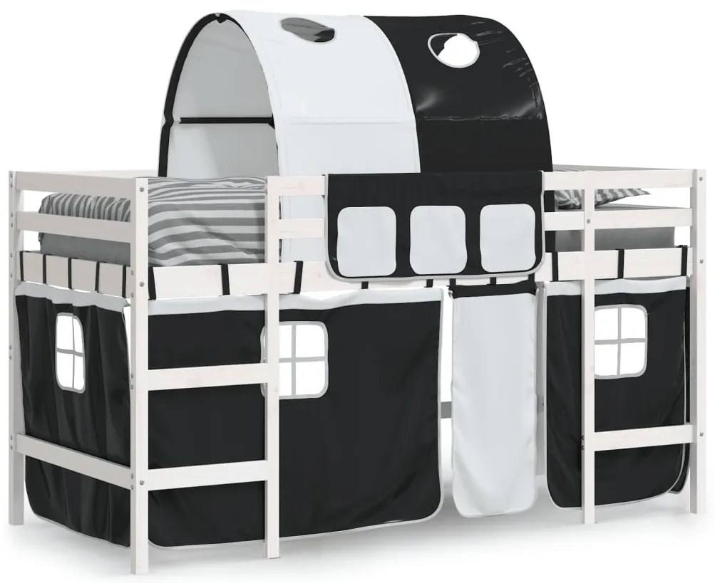 Cama alta criança c/ túnel 90x200 cm pinho maciço branco/preto