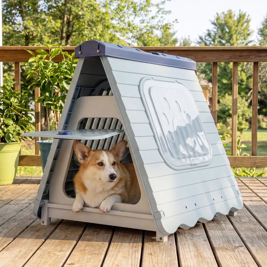 Casota para caes dobrável de plástico impermeável para cães 72 x 60 x 68 cm, com porta com aba e fecho, janelas, portátil, para interior e exterior, p