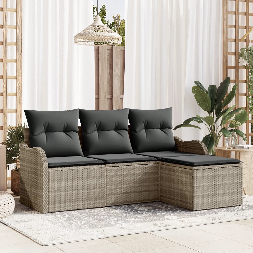 Conjunto de Sofá de Jardim 4 Peças com Almofadas Cinzento Claro Rattan